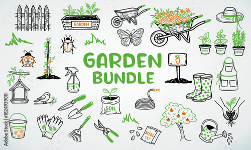 Hand Drawn Garden and Gardening Elements. Vector Clipart Set.