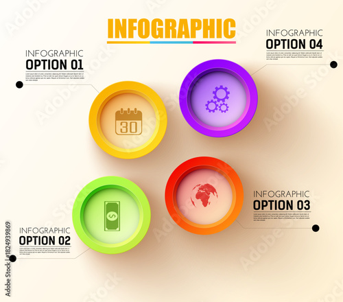 Abstract web infographic template with colorful circles and business icons, vector editable file
