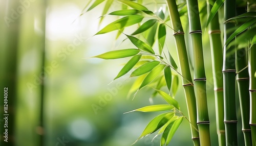 close up view of tall green bamboo stalks with leafy branches in soft natural light creating a serene and calming atmosphere