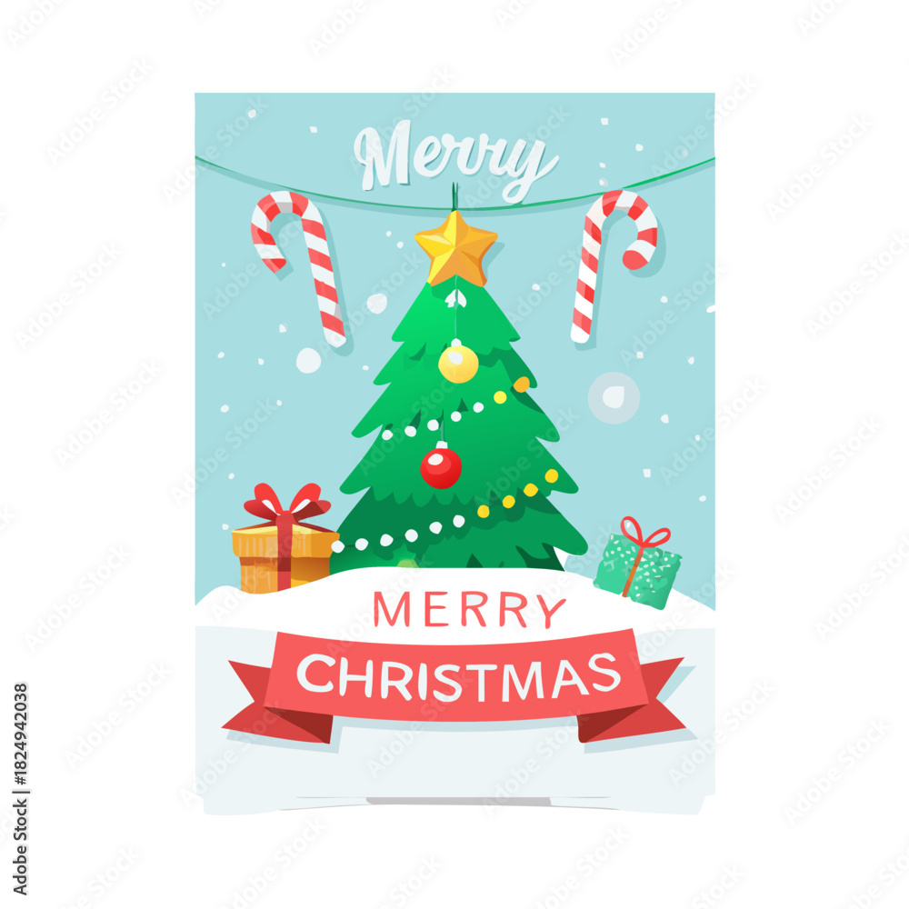 Fototapeta premium vertical Christmas greeting card banner in paper cut style with tree, candy cane, light bulb, ribbon, snow, star, copy space, decoration, typography and festive holiday background template 