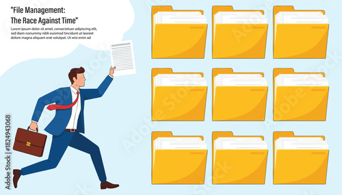 Business man running with document and folders for file management.
