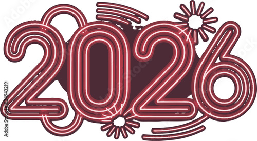 Stylized 2026 new year design glowing red outline festive vector graphic for holiday celebrations