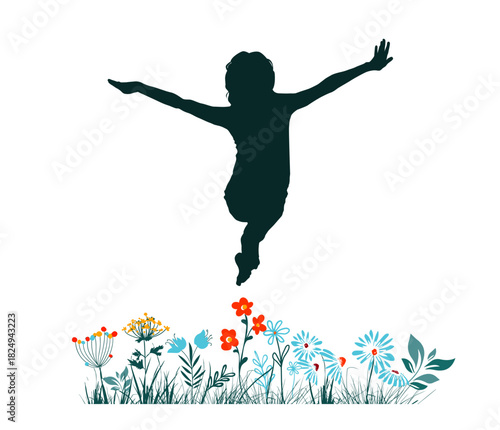 Silhouette of a happy girl jumping in nature Not AI, Vector illustration.