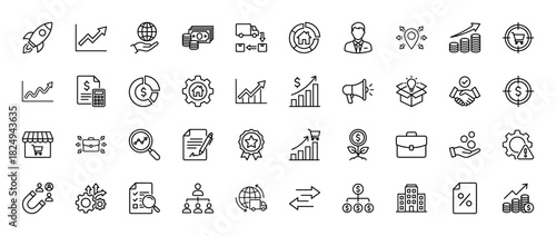 Business and finance line icon set. Vector pictograms of charts, money, deal, strategy, and growth, thin linear illustration.