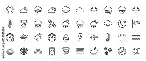 Weather and meteorology line icon set. Vector pictograms of sun, rain, snow, clouds, wind, and temperature, thin linear illustration.