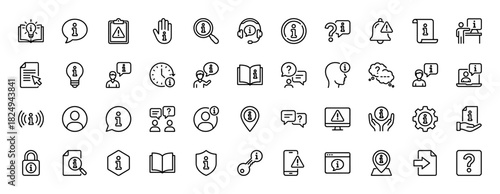Information and help line icon set. Vector pictograms of support, faq, warning, security, and knowledge, thin linear illustration.