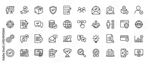 Business and quality assurance line icon set. Vector pictograms of document checklist, secure shield, handshake, and certification, thin linear illustration.