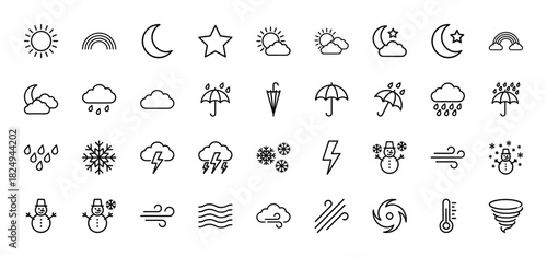 Weather forecast and climate line icon set. Vector pictograms of sun, rain, snow, clouds, wind, and thermometer, thin linear illustration.