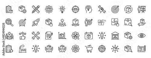Logistics and product development line icon set. Vector pictograms of shipping boxes, gears, targets, and supply chain management, thin linear illustration.