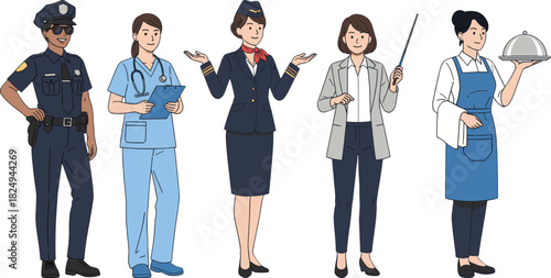 Diverse female professions standing together in group illustration