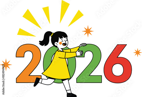 Enthusiastic girl celebrates the year 2026 with vibrant joy.eps