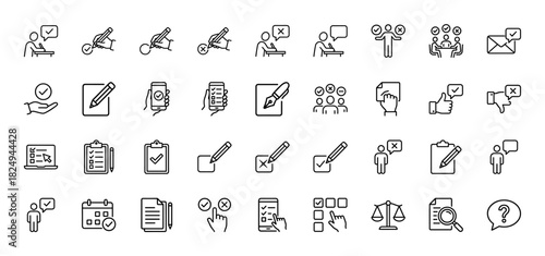 Approval and decision making outline icon set. Vector pictograms of voting, checklist, contract, and survey, thin linear illustration.