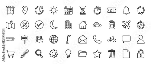 Travel and business line icon set. Vector pictograms of clock, calendar, map, car, airplane, and document, thin linear illustration.