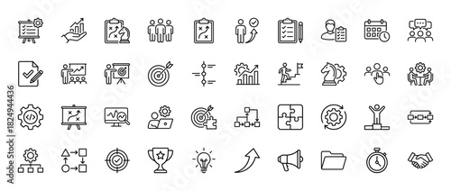 Business strategy and planning line icon set. Vector pictograms of target, checklist, teamwork, and analysis, thin linear illustration.