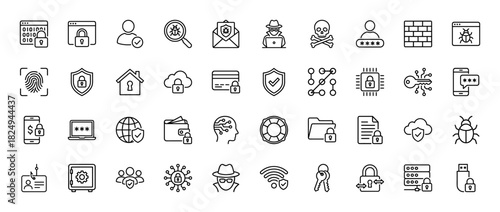 Cybersecurity line icon set. Vector pictograms of shield, lock, fingerprint, hacker, bug, and data protection, thin linear illustration.