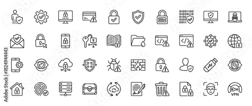 Cybersecurity line icon set. Vector pictograms of lock, shield, data, fingerprint, and firewall, thin linear illustration.