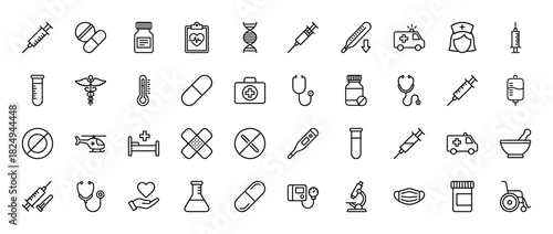 Medical line icon set. Vector pictograms of syringe, ambulance, stethoscope, capsule, and thermometer, thin linear illustration.