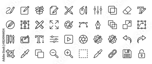 Graphic design line icon set. Vector pictograms of pen, brush, eraser, layers, crop, text, palette, eyedropper, printer, thin linear illustration.