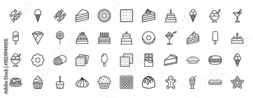 Dessert and confectionery line icon set. Vector pictograms of cake slices, cookies, ice cream, donuts, candies, and pies, thin linear illustration.