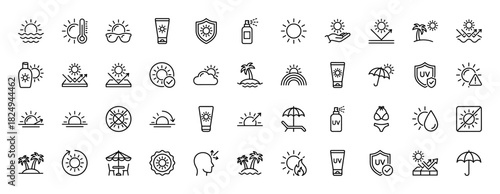 Sun protection line icon set. vector pictograms of sunscreen, uv shield, sunglasses, and beach umbrella, thin linear illustration.