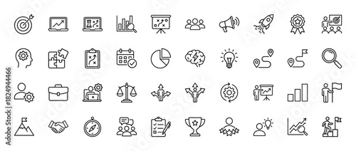 Business strategy and management line icon set. Vector pictograms of target, planning, solution, calendar, and teamwork, thin linear illustration.