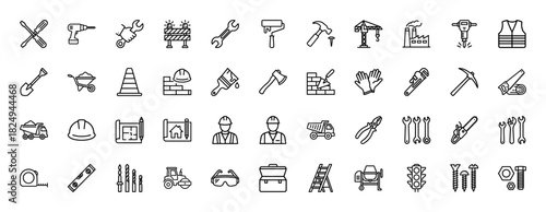 Construction and renovation line icon set. Vector pictograms of hammer, drill, helmet, crane, truck, saw, ladder, trowel and wrench tools, thin linear illustration.