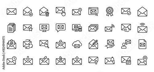 Email and mail line icon set. Vector pictograms of envelope, message, notification, search, and delete, thin linear illustration.