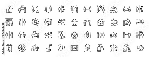Social distancing and health protection line icon set. Vector pictograms of quarantine, cough, temperature, mask, and handwashing, thin linear illustration.
