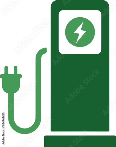 Electric vehicle charging station icon with plug and lightning bolt symbol. green eco-friendly power for sustainable transport.