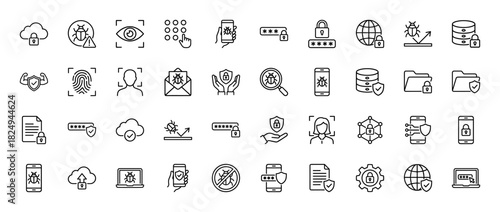 Cyber security line icon set. Vector pictograms of padlock, shield, virus, fingerprint, cloud, password, server, encryption and biometrics, thin linear illustration.