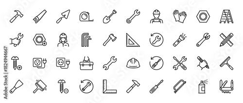 Construction and repair line icon set. Vector pictograms of hammer, wrench, saw, screwdriver, and toolbox, thin linear illustration.