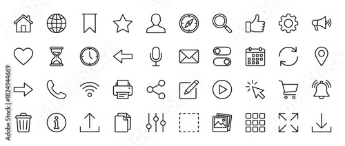 Universal user interface line icon set. Vector pictograms of home, globe, settings, calendar, and media controls, thin linear illustration.
