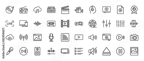 Multimedia and entertainment line icon set. Vector pictograms of camera, radio, headphones, video player, and mixer, thin linear illustration.