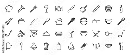 Kitchenware line icon set. Vector pictograms of chef hat, frying pan, whisk, cutting board, wine glass, and cutlery, thin linear illustration.