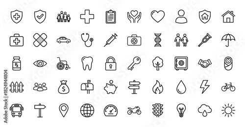 Insurance, safety, and medical line icon set. Vector pictograms of family, shield, cross, health, money, car, home, and travel, thin linear illustration.