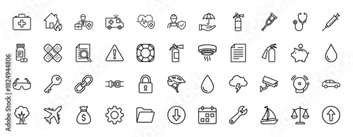 Safety and insurance outline icon set. Vector pictograms of syringe, crutch, fire extinguisher, umbrella, and helmet, thin linear illustration.