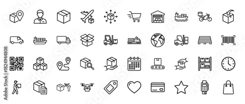 Logistics and delivery line icon set. Vector pictograms of warehouse, shipping, tracking, and e-commerce elements, thin linear illustration.
