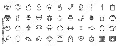 Health and fitness line icon set. Vector pictograms of fruits, vegetables, workout equipment, scales, smart watch and healthy food, thin linear illustration.