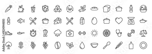 Healthy food and lifestyle line icon set. Vector pictograms of fruit, vegetable, cooking, fitness, diet, medical, water and exercise, thin linear illustration.