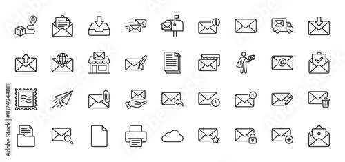 Messaging and email communication line icon set. Vector pictograms of envelope, delivery truck, mailbox, paper, and package tracking, thin linear illustration.