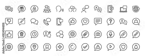 Communication technology line icon set. Vector pictograms of chat bubbles, likes, phone, and settings, thin linear illustration.