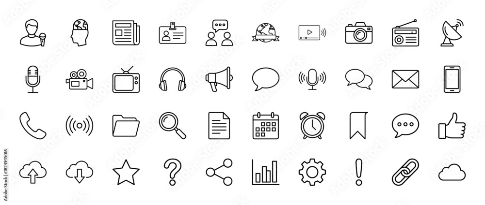 Fototapeta premium Communication and media line icon set. Vector pictograms of newspaper, microphone, camera, tv, phone, mail, bubble and cloud, thin linear illustration.