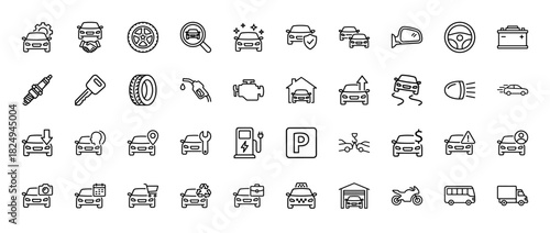 Automotive line icon set. Vector pictograms of car service, repair, maintenance, battery, wheel, engine, and key, thin linear illustration.