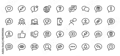 Communication and notification line icon set. Vector pictograms of chat bubbles, phone, calendar, and media symbols, thin linear illustration.