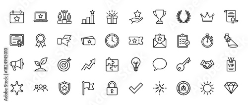 Success and achievement line icon set. Vector pictograms of trophy, medal, crown, target, winner podium, certificate, star and gift box, thin linear illustration.