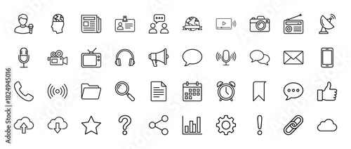 Communication and media line icon set. Vector pictograms of newspaper, microphone, camera, tv, phone, mail, bubble and cloud, thin linear illustration.
