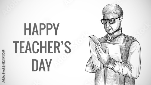 Hand drawn art sketch male teacher with teachers day background, vector illustration
