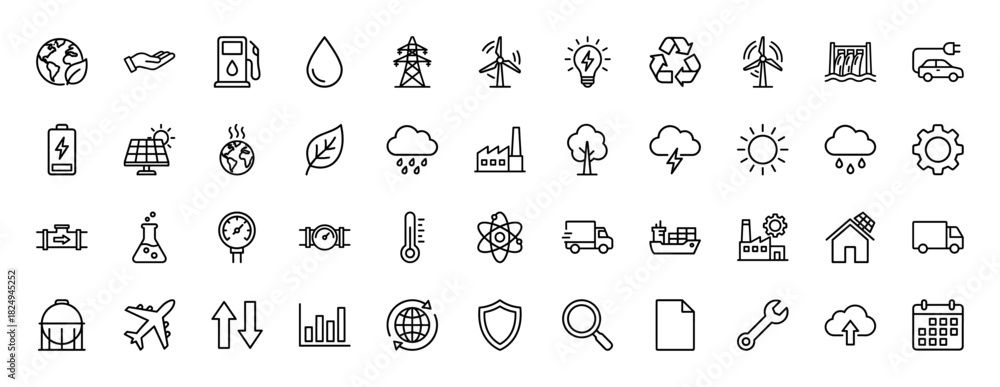 Naklejka premium Ecology and industrial energy line icon set. Vector pictograms of wind turbine, solar panel, water drop, factory, and electric car, thin linear illustration.