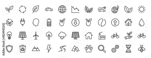 Ecology and environment line icon set. Vector pictograms of recycling, leaf, solar panel, wind turbine, electric car, battery, globe, water drop, thin linear illustration.