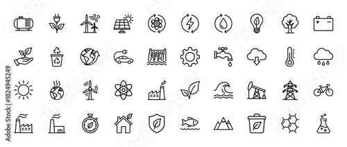 Ecology and renewable energy line icon set. Vector pictograms of wind power, solar panels, earth, and electric car, thin linear illustration.